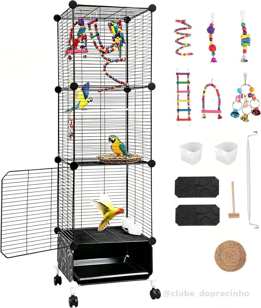 Gaiola Grande para Calopsita Preto,132×37×37cm, com Roda Giratória e Bandeja Sanitária para Pássaros, Ponte Suspensa e Sino, Ninho de Pássaro, Bebedouro, Adequado para aves de pequeno e médio porte