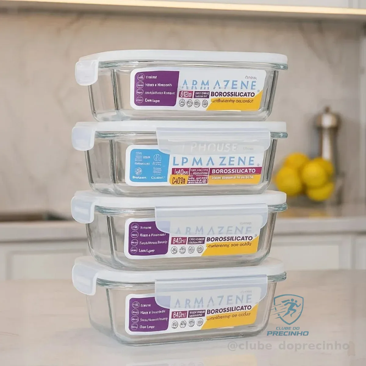 Conjunto 5 Potes Vidro Hermético Marmita Mantimentos 640ml