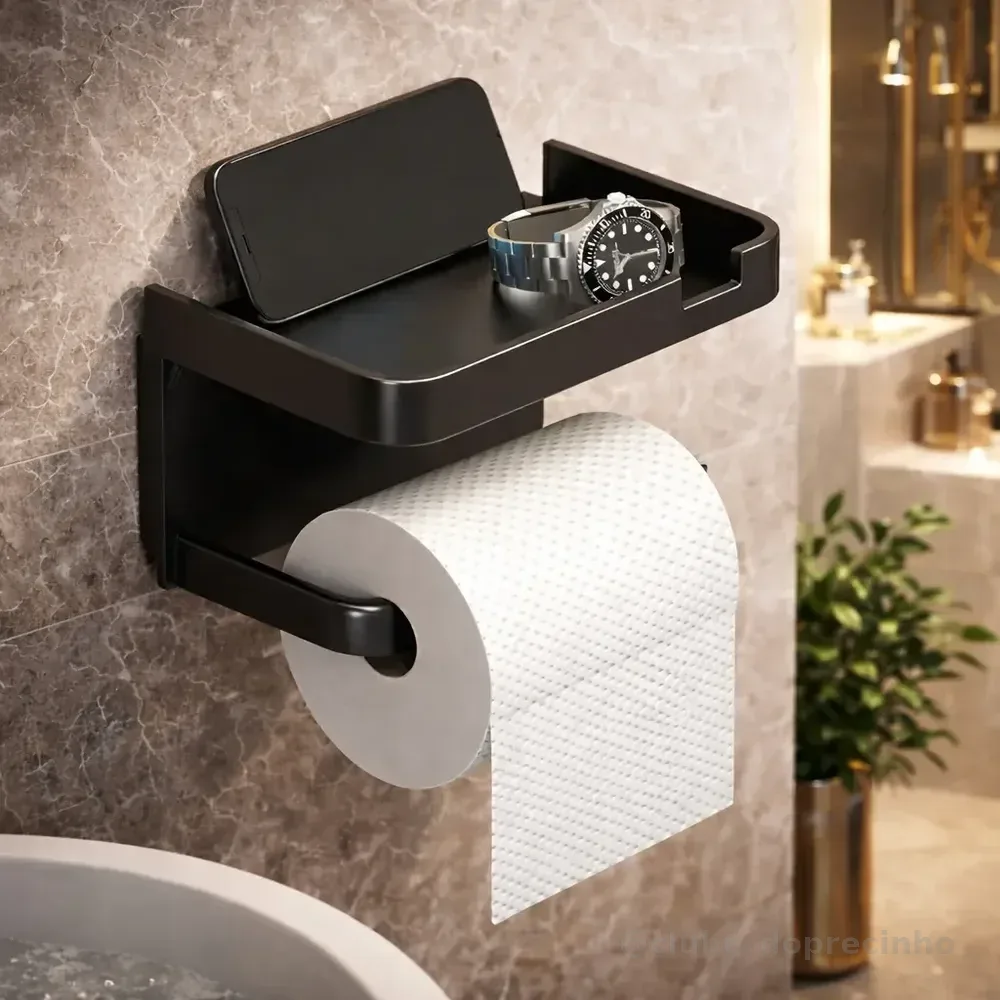 Suporte Papel Higiênico Adesivo de Parede com Prateleira Porta Celular Sem Furo Ligeiro