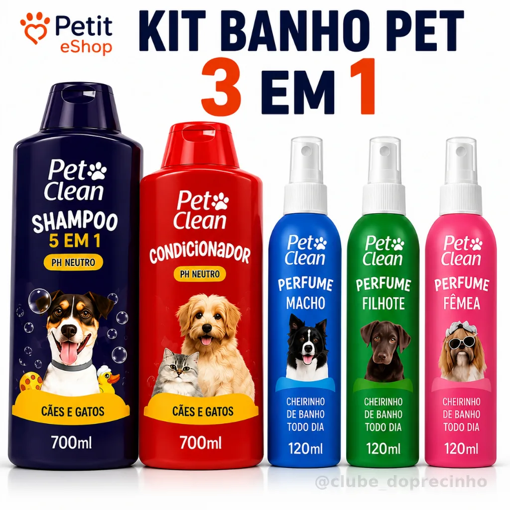 Kit Shampoo 5 em 1 Pet Clean 500ml + Condicionador + Perfume para Cães e Gatos | Higiene Completa