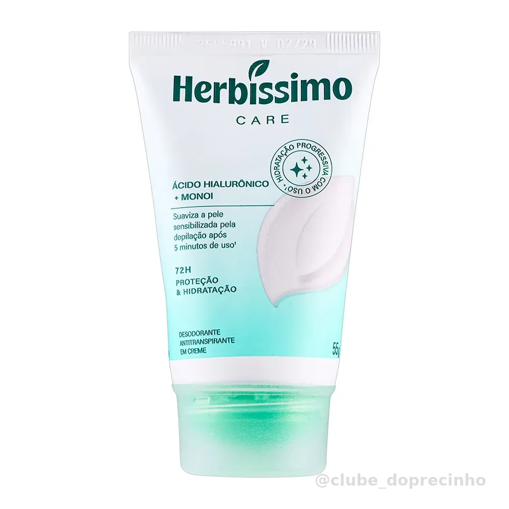 Creme Desodorante Antitranspirante Herbíssimo Bisnaga Care Monoi E Ácido Hialurônico 55g