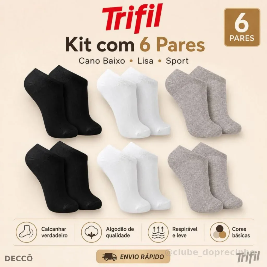 Kit 6 Pares Meia Trifil Cano Curto Esportiva Lisa Moderna Básica Algodão Calcanhar Verdadeiro