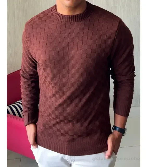 Suéter Masculino Lã Tricot Manga Longa Xadrez Blusa De Frio