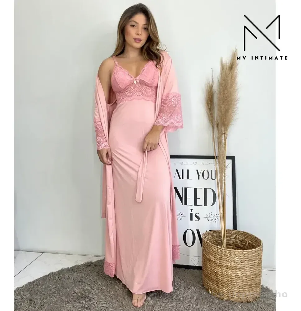 Kit De Robe E Camisola Longos De Amamentação Em Microfibra Rosa Romance Renda M