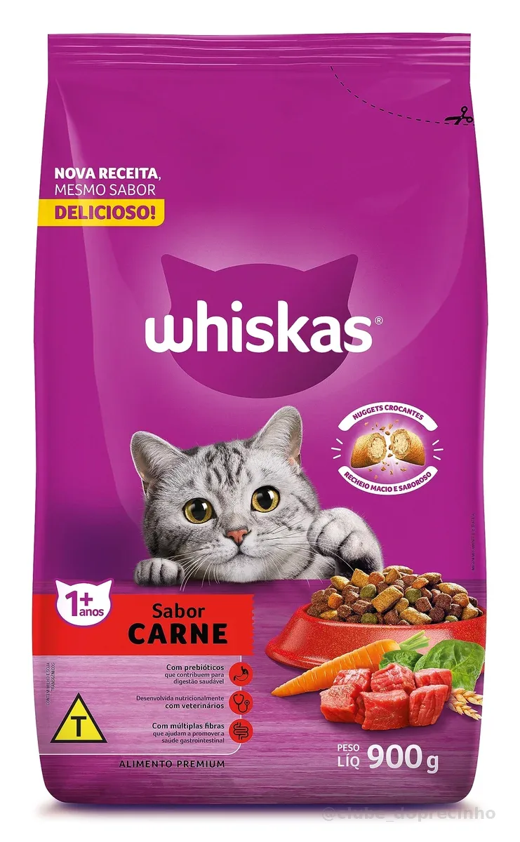 WHISKAS Ração Carne Gatos Adultos 900 g