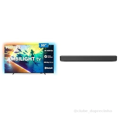 PHILIPS, Smart TV Ambilight 55" 4K, 55PUG8100/78 + PHILIPS, Soundbar, TAB4000, Aparelho de Áudio para TV com Bluetooth, HDMI ARC e USB