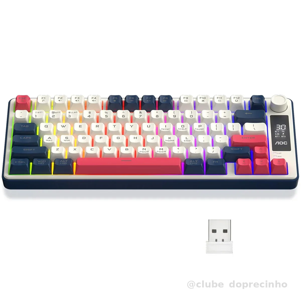 AOC GK280 Teclado sem fio 70%, Bluetooth Trimodo /2.4 GHz/USB-C, Teclado Gamer RGB LED Rainbow, Ideal para Jogos e Digitação, Ergonômico, Bateria Recarregável