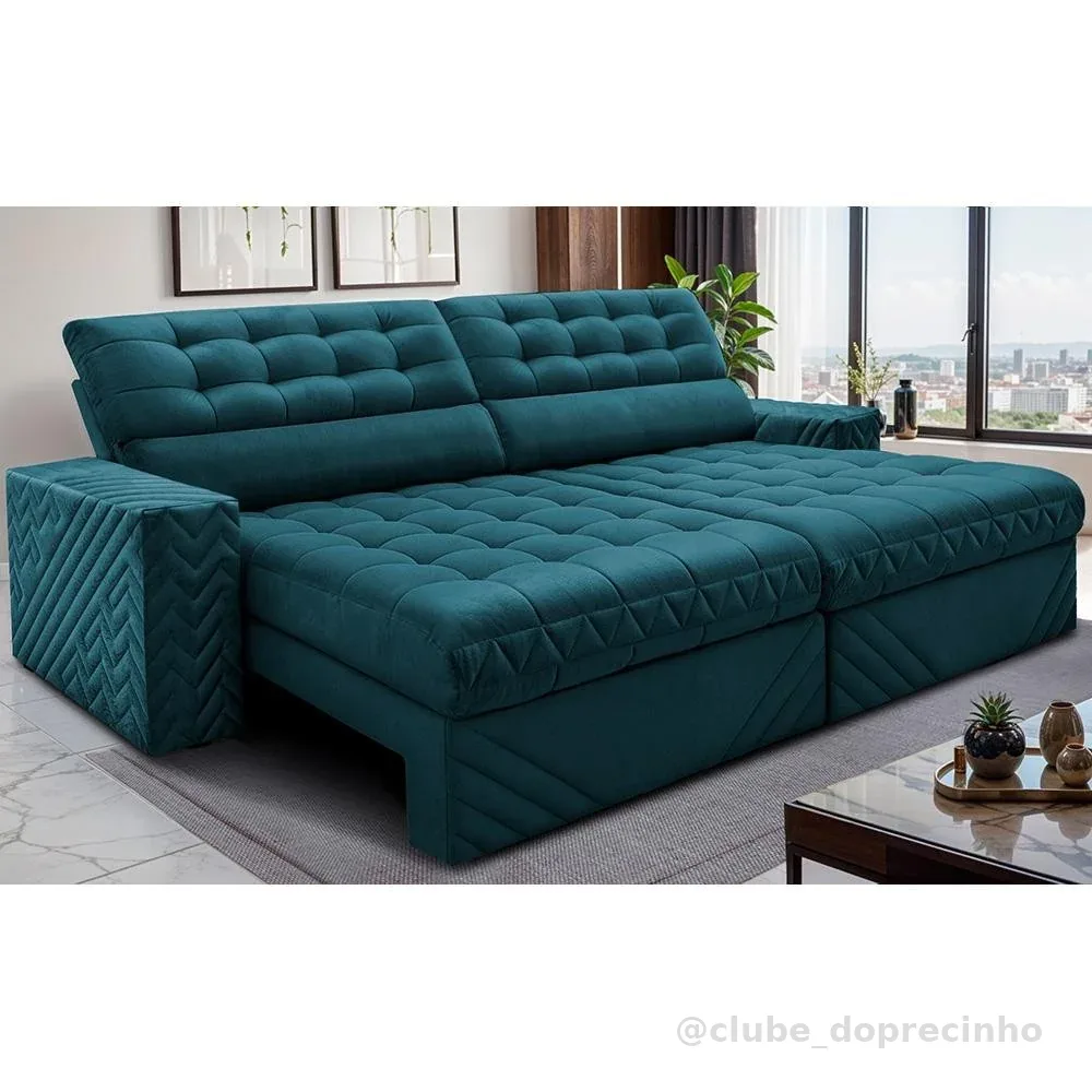 Sofá Retrátil e Reclinável 2,30m Molas Ensacadas Max Spring. Velusoft Cama inBox