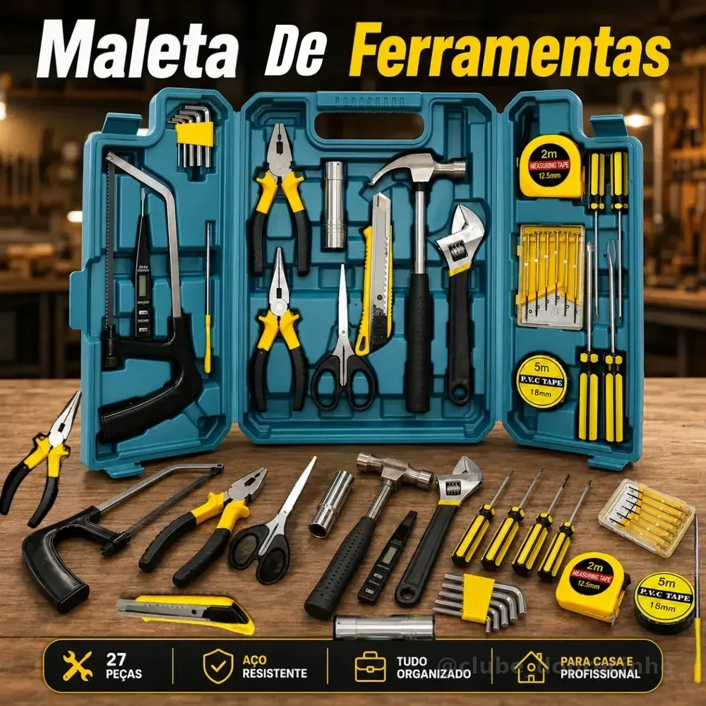 Kit Maleta Jogo Ferramentas 27 Peças Residencial Completa Conserto Oficina Manutenção Chave Inglesa, Estilete, Chaves Allen, Fenda E Phillips, Lanterna, Martelo, Serra, Tesoura, Trena, Fita Isolante