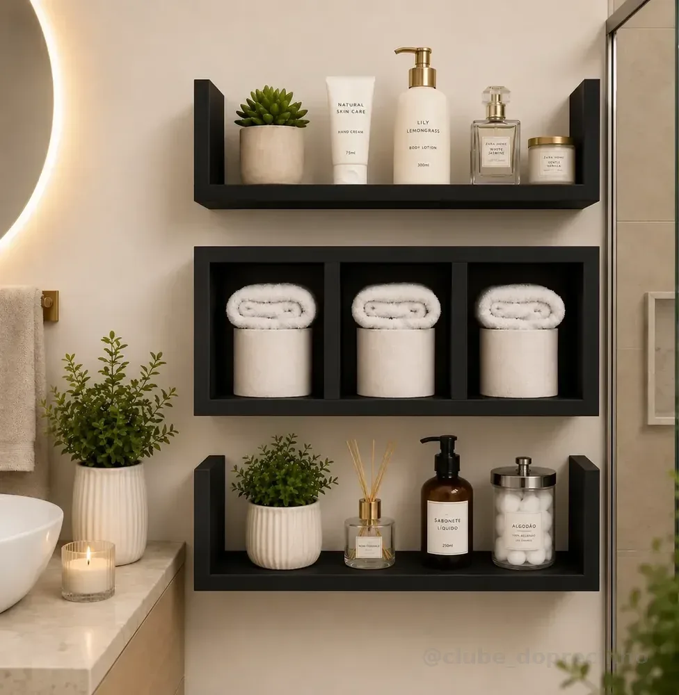 Kit Nicho Mdf Decorativo Organizador Parede Banheiro 3 Peças Preto
