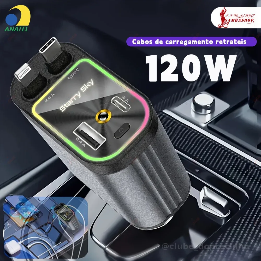 Carregador Rápido Retrátil Automotivo 180° Giratório 4 em 1 Cabo Extensível para iPhone e Android
