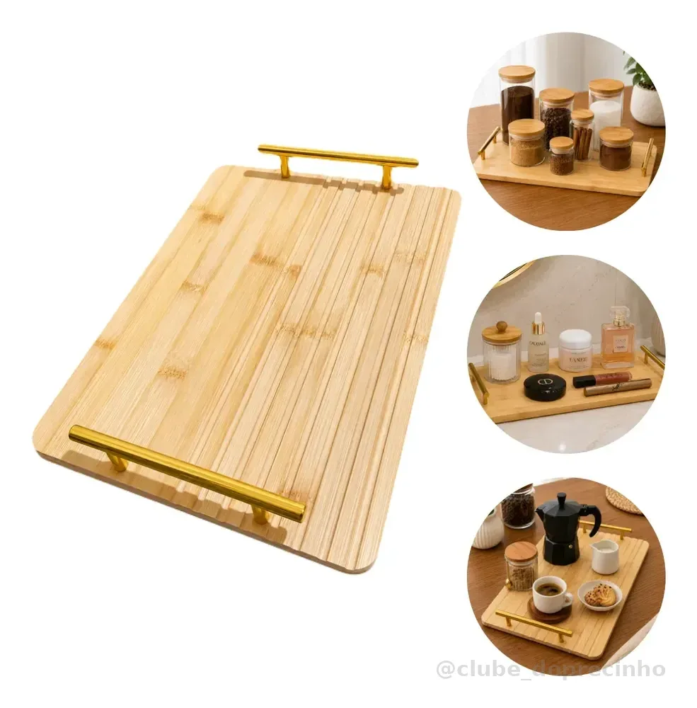 Bandeja De Servir Café C/ Alças Bambu Organizar Decorar 33cm Bambu