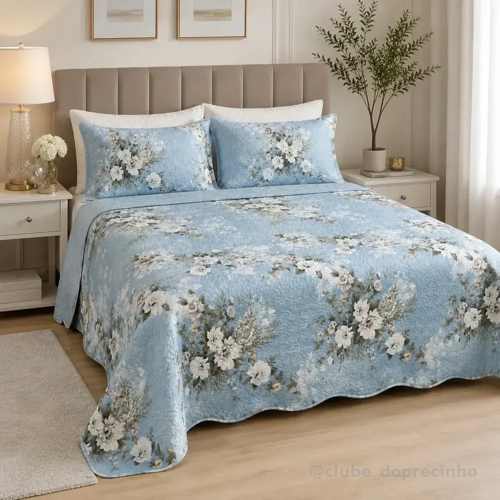 Kit Colcha Cobre Leito Casal Bouti Dupla Face Floral Cecilia Azul Florido