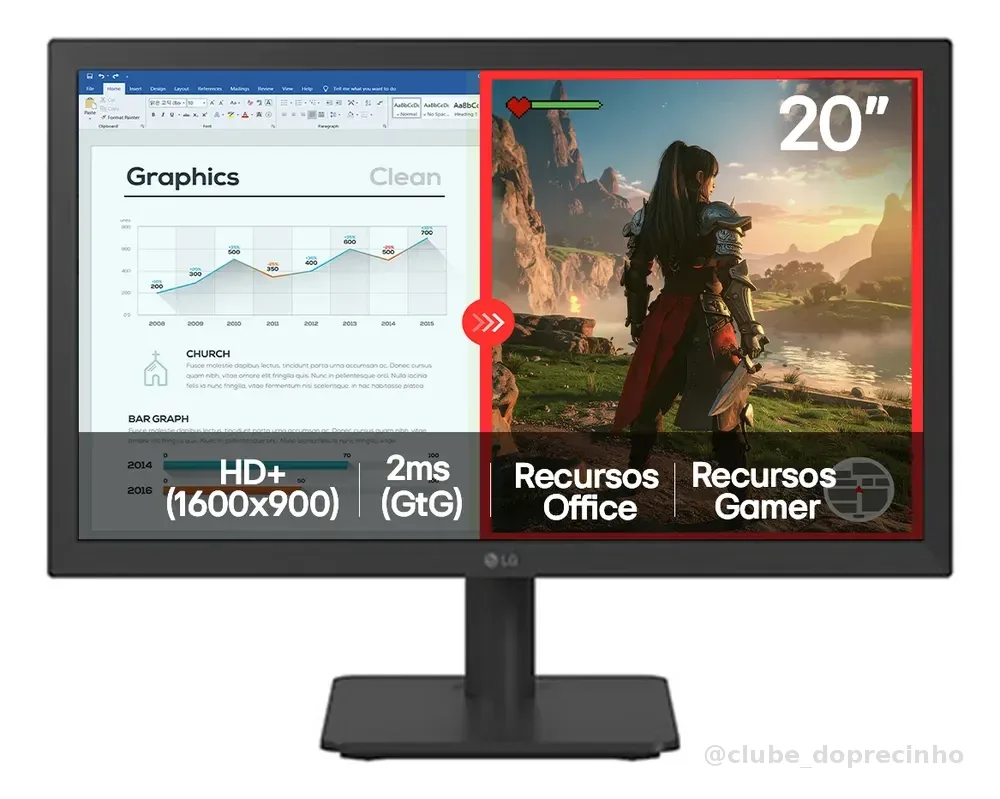 Monitor LG LED Home & Office 20U401A-B Tela 20” HD+, LG Switch, Modo leitura e Flicker Safe, HDMI, VGA, 2ms (GtG), 75Hz, Black Stabilizer, Dynamic Action Sync, Crosshair, saída fone de ouvido