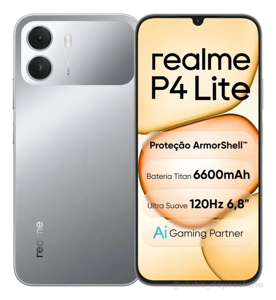 Celular Smartphone realme P4 Lite 128GB 4GB Ram (+6gb ram virtual boost) Dual Sim, Bateria Titan 6600mAh, chipset octa-core, Tela 6,8" 120Hz, Proteção ArmorShell, AI Gaming Partner, Cinza