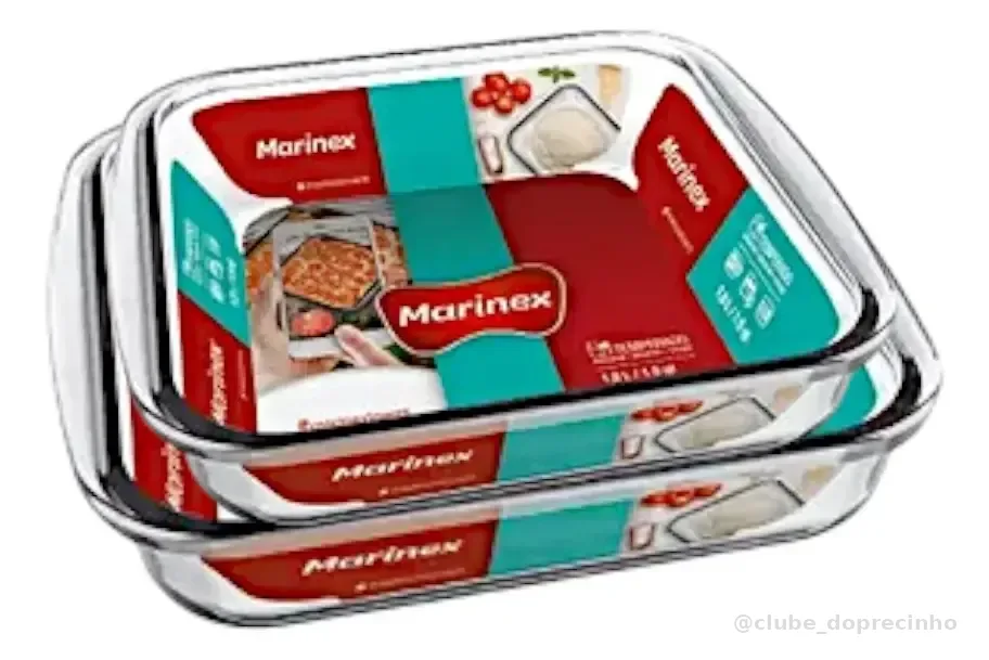 Kit 2 Assadeira De Vidro Quadrada Taça Marinex 1.8lt E 1.1lt