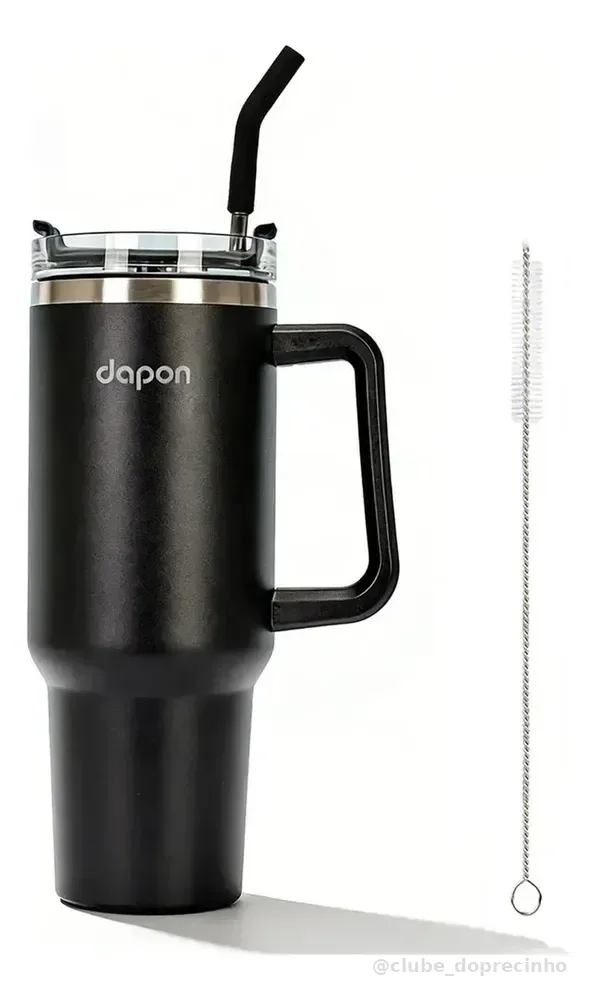 Copo Térmico Dapon 1200ml Inox Com Canudo Tampa Vedada Quente E Frio Cor Preto