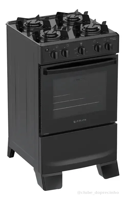 Fogão 4 Bocas Atlas Mônaco Lustro Automático Mesa De Aço Esmaltado Preto