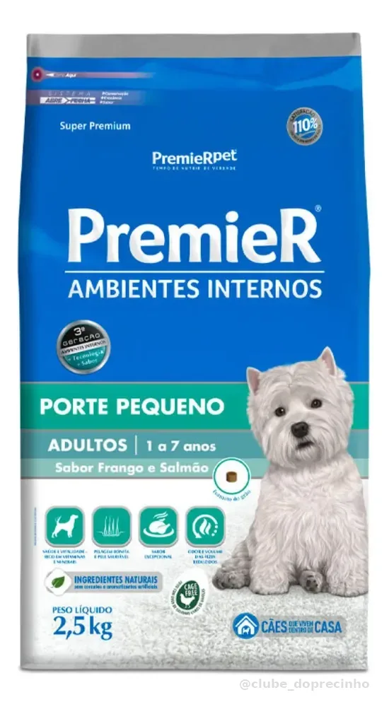 Ração Premier Ambientes Internos Cães Adultos Raças Pequenas Frango e Salmão 2,5 kg