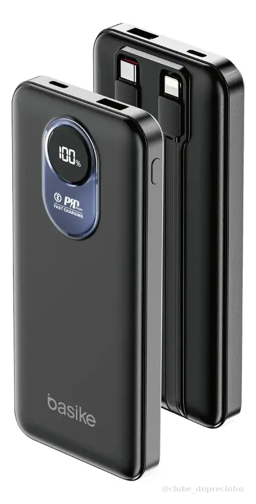 Carregador Portátil Basike de 10.000mAh com Cabo Embutido e Carga Rápida