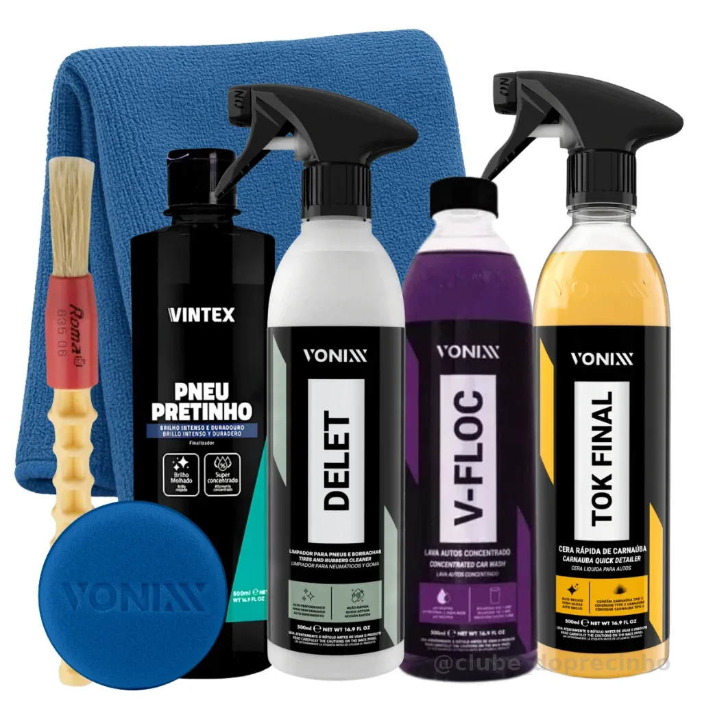 KIT CERA TOK FINAL 500ML SHAMPOO V-FLOC LIMPADOR DE BORRACHAS DELET VONIXX PNEU PRETINHO VINTEX
