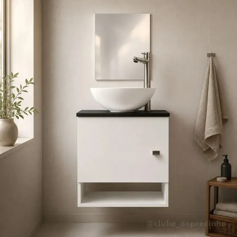 Gabinete Banheiro 40cm com Cuba Espelho Suspenso Branco Preto Lavabo Pia Lavatório Moveis