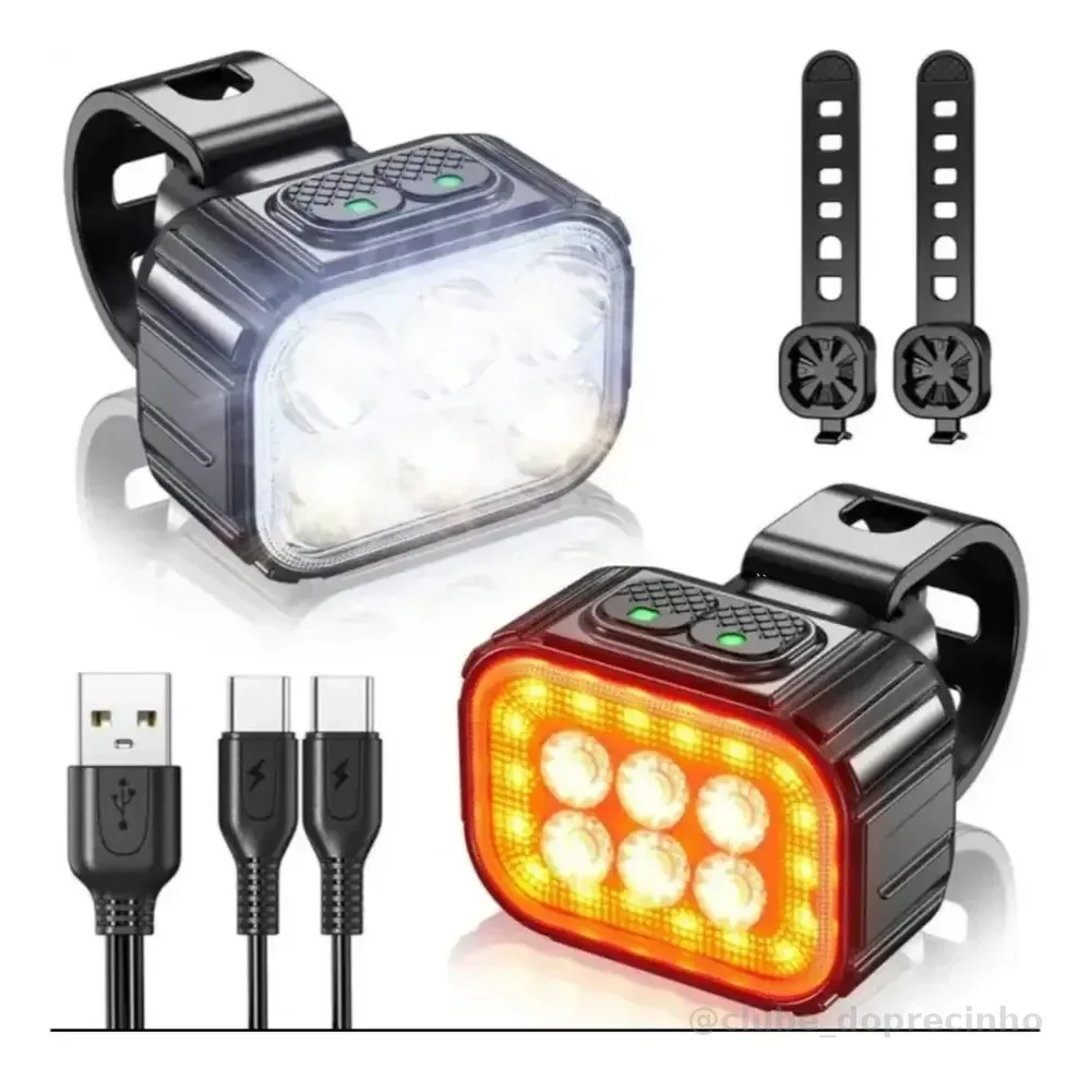 Kit Farol e Lanterna Bike Techstore USB Recarregável 6 LEDs IPX6