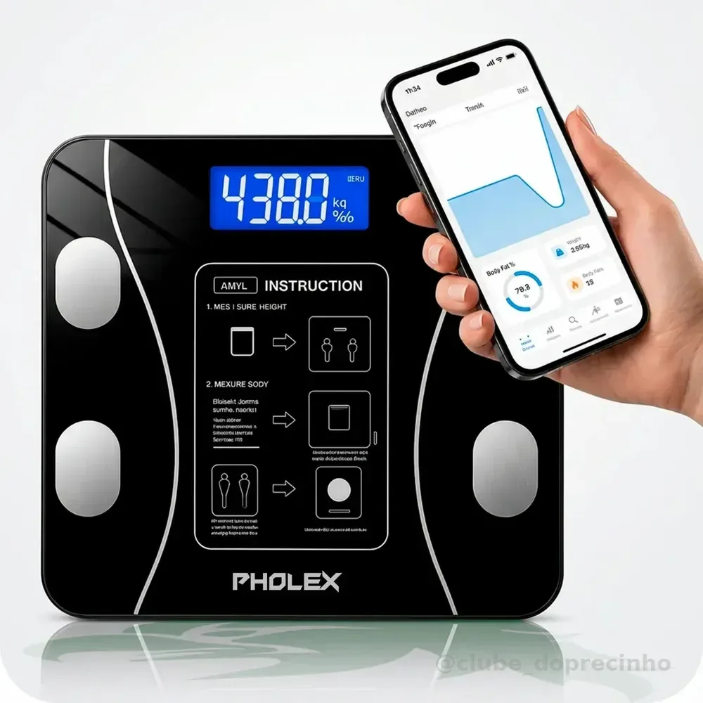 Balança Digital Corporal Bioimpedância Pholex Com Aplicativo Bluetooth Android e iOS Vidro Temperado Alta Capacidade Balança Academia Personal Banheiro Homologada Anatel