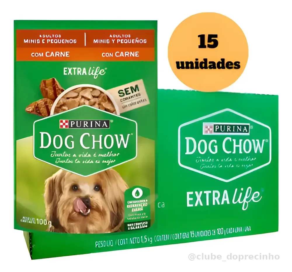15 Ração Úmida Dog Chow Sabor Carne Cães Minis Pequenas 100g