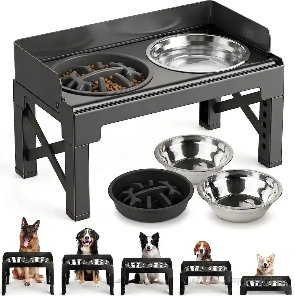 Comedouro Bebedouro para cachorro caes pets elevado Duplo inox tijela antiderrapante com regulavel com aço inoxidável para buldogue com ajuste de altura suporte 8cm 31cm com Proteção contra respingos
