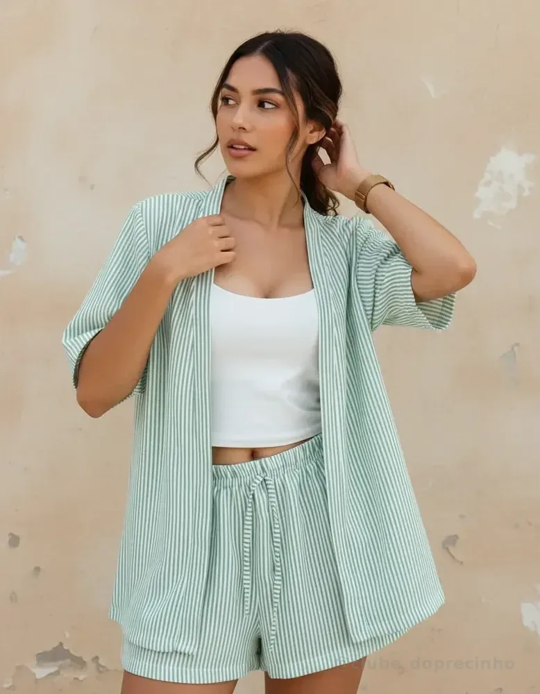Conjunto Kimono E Short Listrado Feminino Casual Verão Verde M