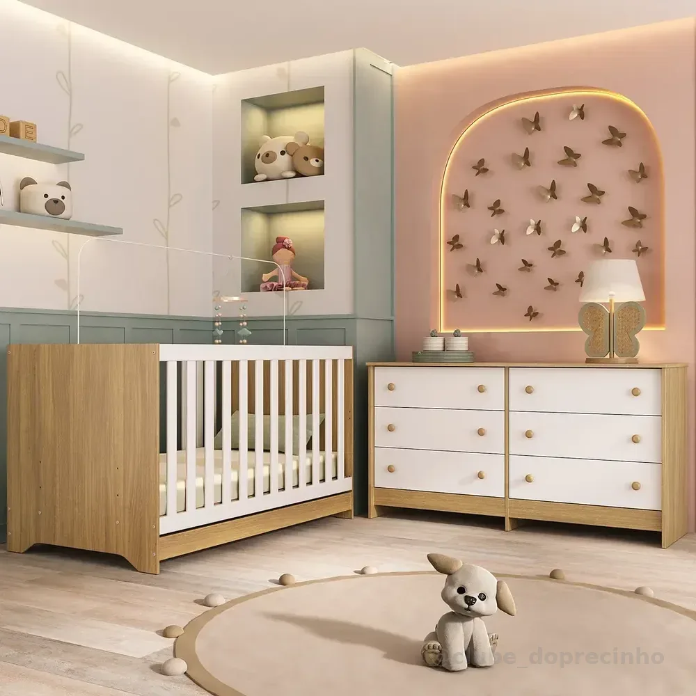 Berço Americano 3 em 1 para Colchão 130x70cm com Cômoda Caramelo Multimóveis MP4677 Madeirado/Branco