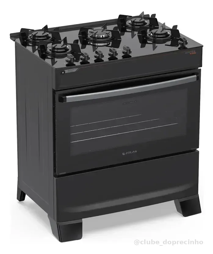 Fogão 5 Bocas Atlas Atenas Glass A Gás com Mesa de Vidro e Mega Chama Preto Bivolt