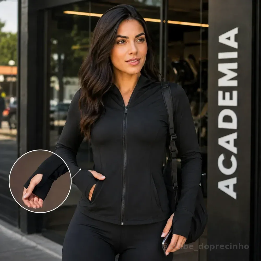 Jaqueta Dry Fitness Feminina Roupa Academia Bolso Capuz Leve Preto M