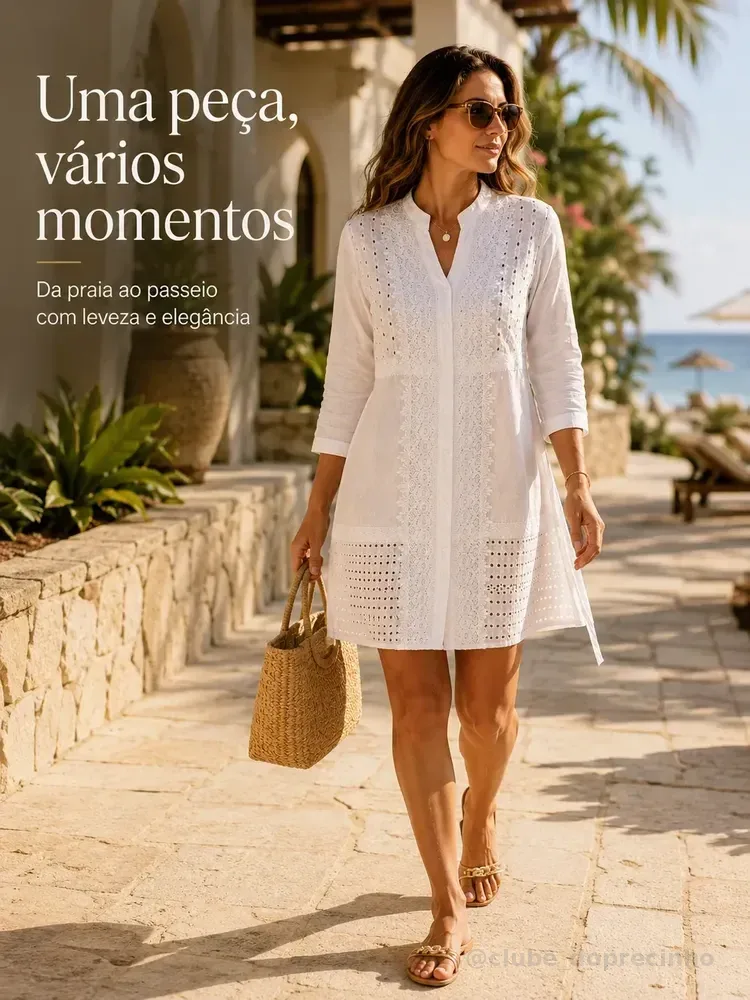 Vestido Curto Chemise Camisão Terceira Peça 100% Algodão Branco - Marrakech M