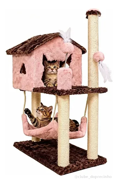 Arranhador Para Gato Casinha Com Rede 2 Brinquedos 10 Cores