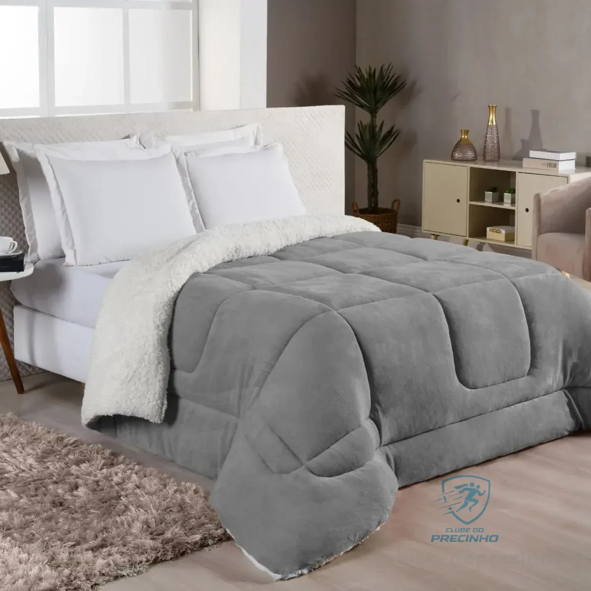 Edredom Sherpa Cobertor E Coberdrom Casal Queen Grosso Cores Cinza Lisa