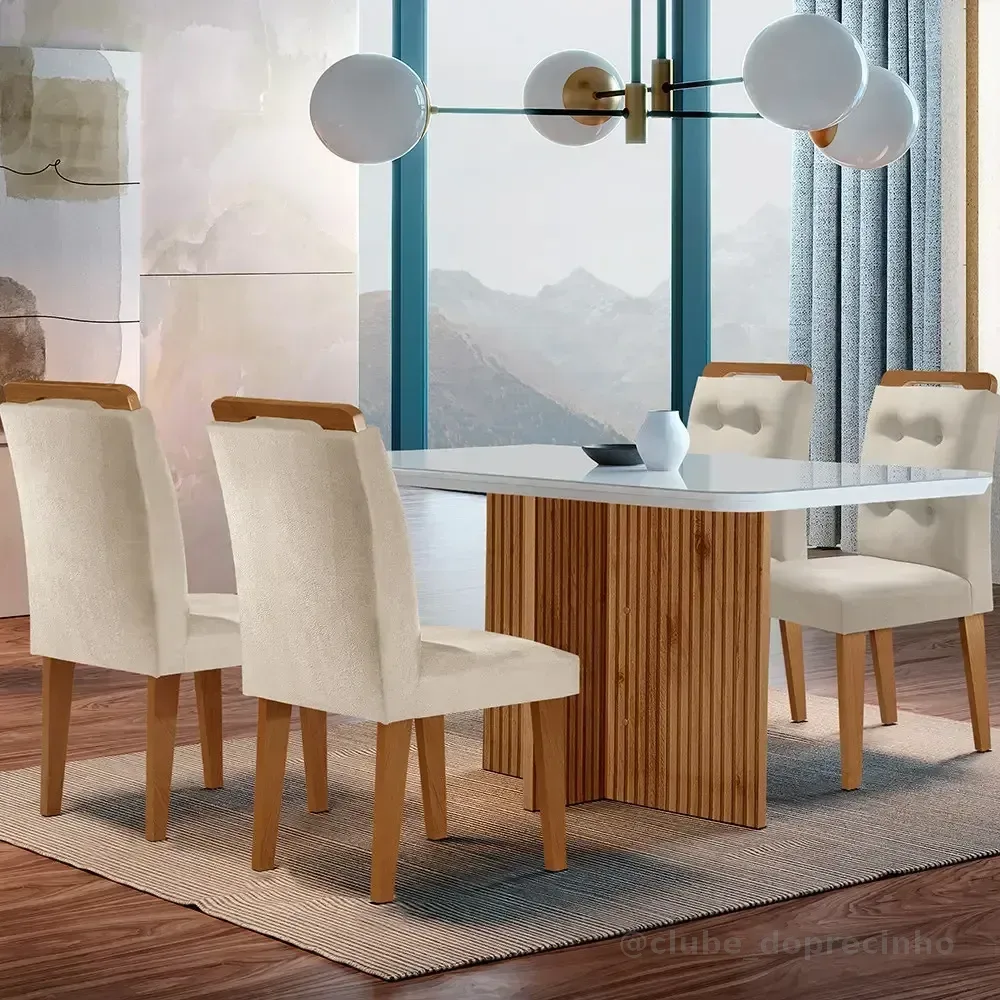 Sala De Jantar Olímpia Mdf E Vidro Com 4 Cadeiras Carol Cor Creme/off White/imbuia
