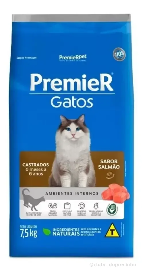 Ração Premier Gatos Castrados 6 Meses A 6 Anos Salmão 7,5kg