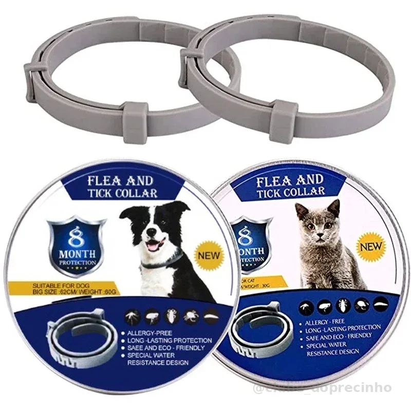 Coleira para Cães/Gatos Contra Pulgas, Carrapatos e Leishmaniose, Proteção Ajustável de Silicone Anti-Mosquito 8 Meses