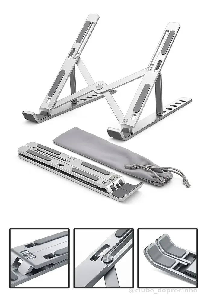 Base Suporte Para PC Notebook Alumínio Portátil Articulado Dobrável Tablet Laptop Mesa Davely Cor Prateado