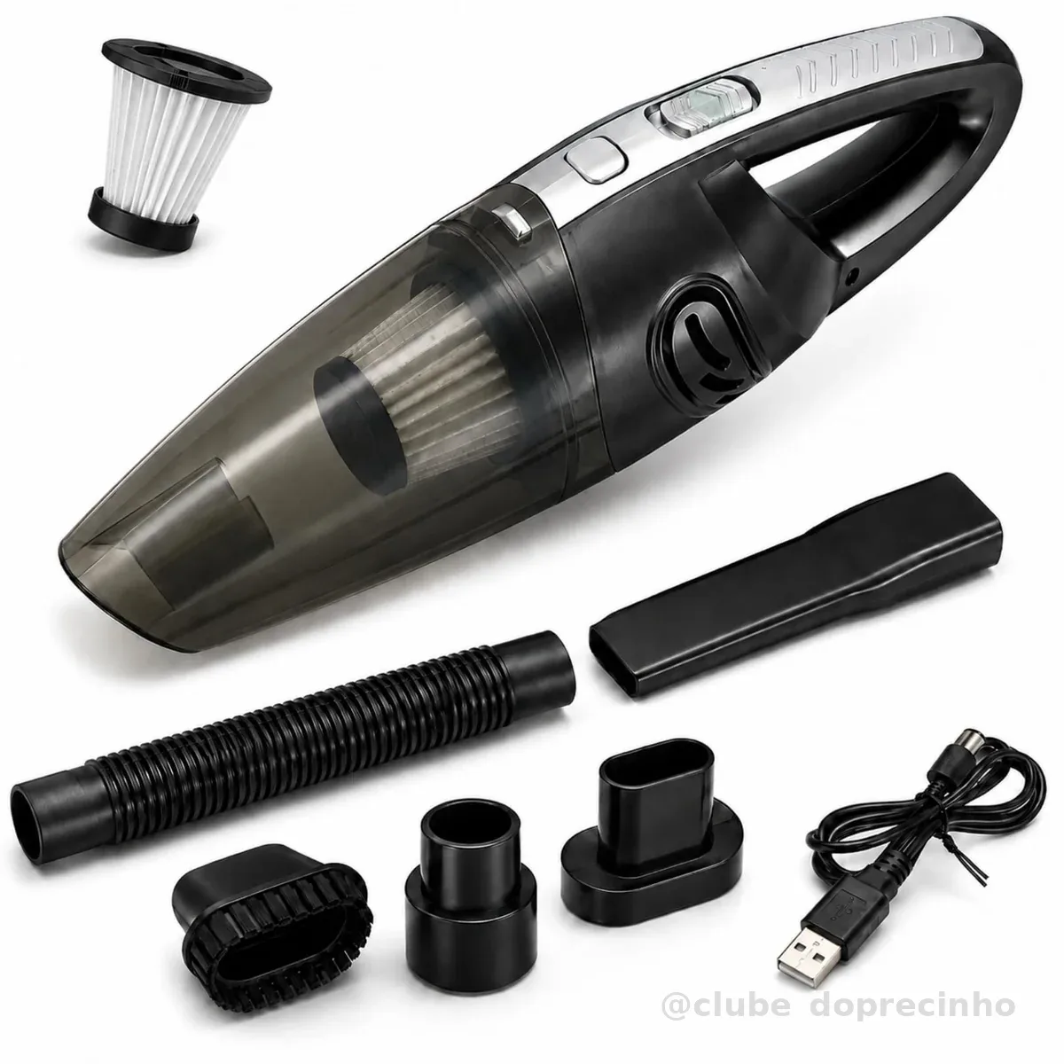 Aspirador de Pó Portátil Sem Fio Cinza I 70W com Sucção Poderosa I Uso Seco e Úmido I Recarregável USB I Filtro Lavável I para Carros, Casa e Estofados I Inclui 5 Acessórios