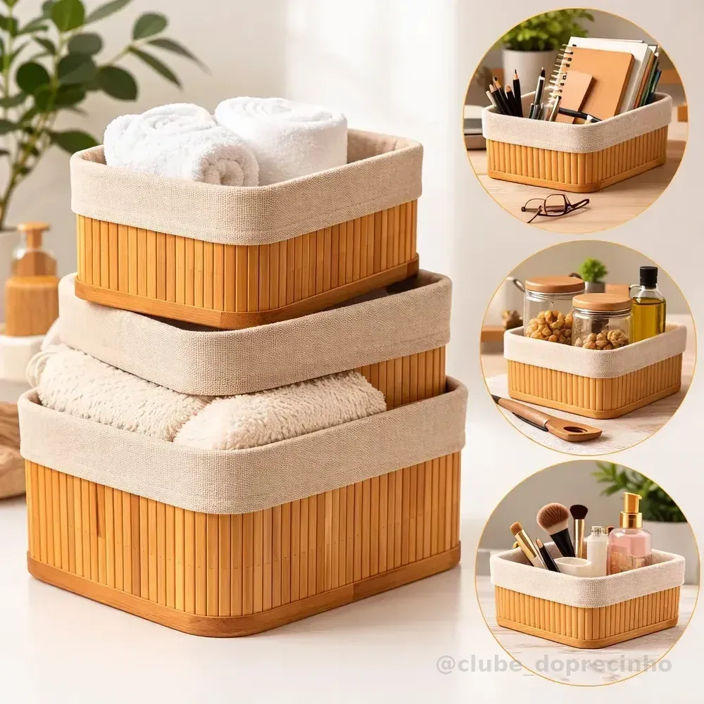 Kit 3 Cestos Organizadores de Bambu Retangulares com Forro Lavável Multiuso Organizar Casa Banheiro Cozinha Guarda-Roupa Lavanderia Armazenamento de Objetos - Nany Pink