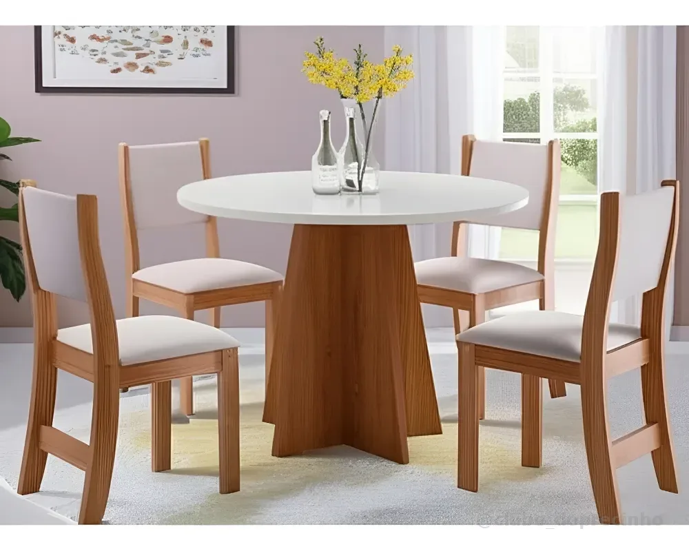 Conjunto De Mesa Vieiro Slin Redonda Com 4 Cadeiras Tampa Linho Pés Amendoa