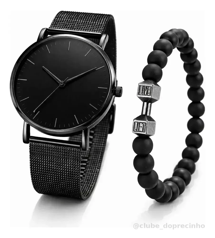 Relógio Minimalista All Black Unissex Vintage e Moderno com Pulseira de Pedras