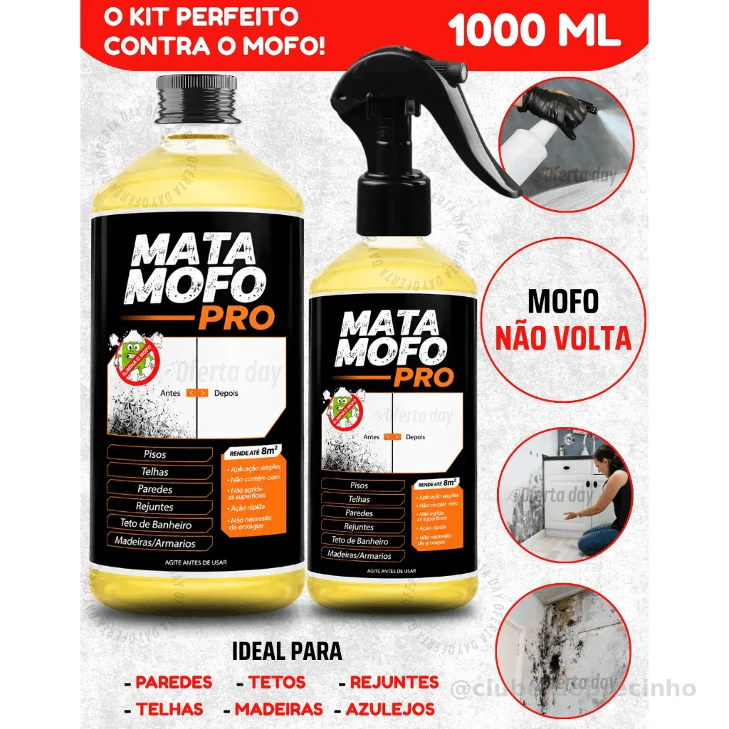 Tira Mata Mofo PREMIUM Com Spray Anti Não Volta Elimina Parede Teto Piso 1LT Armário Madeira Bolor