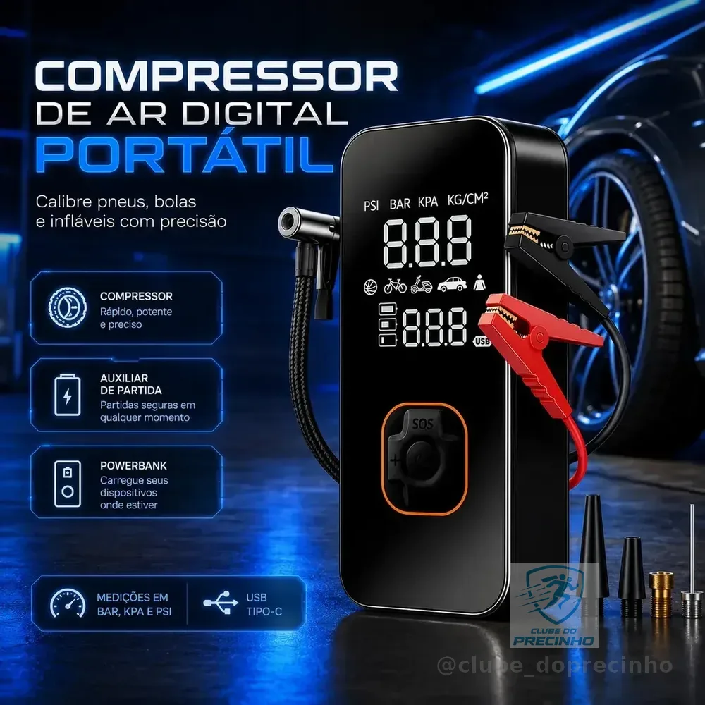 Bomba Elétrica Portátil Digital Para Encher Pneu De Carro Moto Bicicleta Inflador Automotivo Cor Preto