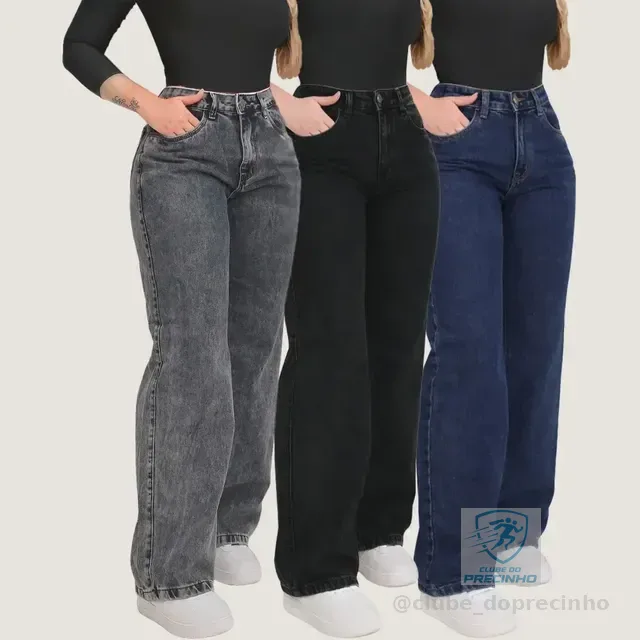Kit 3 Calça Jeans Wide Leg  Pantalona Cintura Alta Jeans