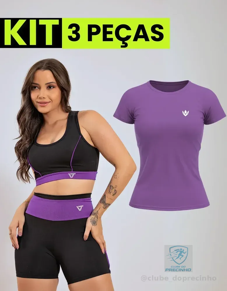 Kit Conjunto Fitness Feminino + Camiseta Roupa Academia Roxo Liso G