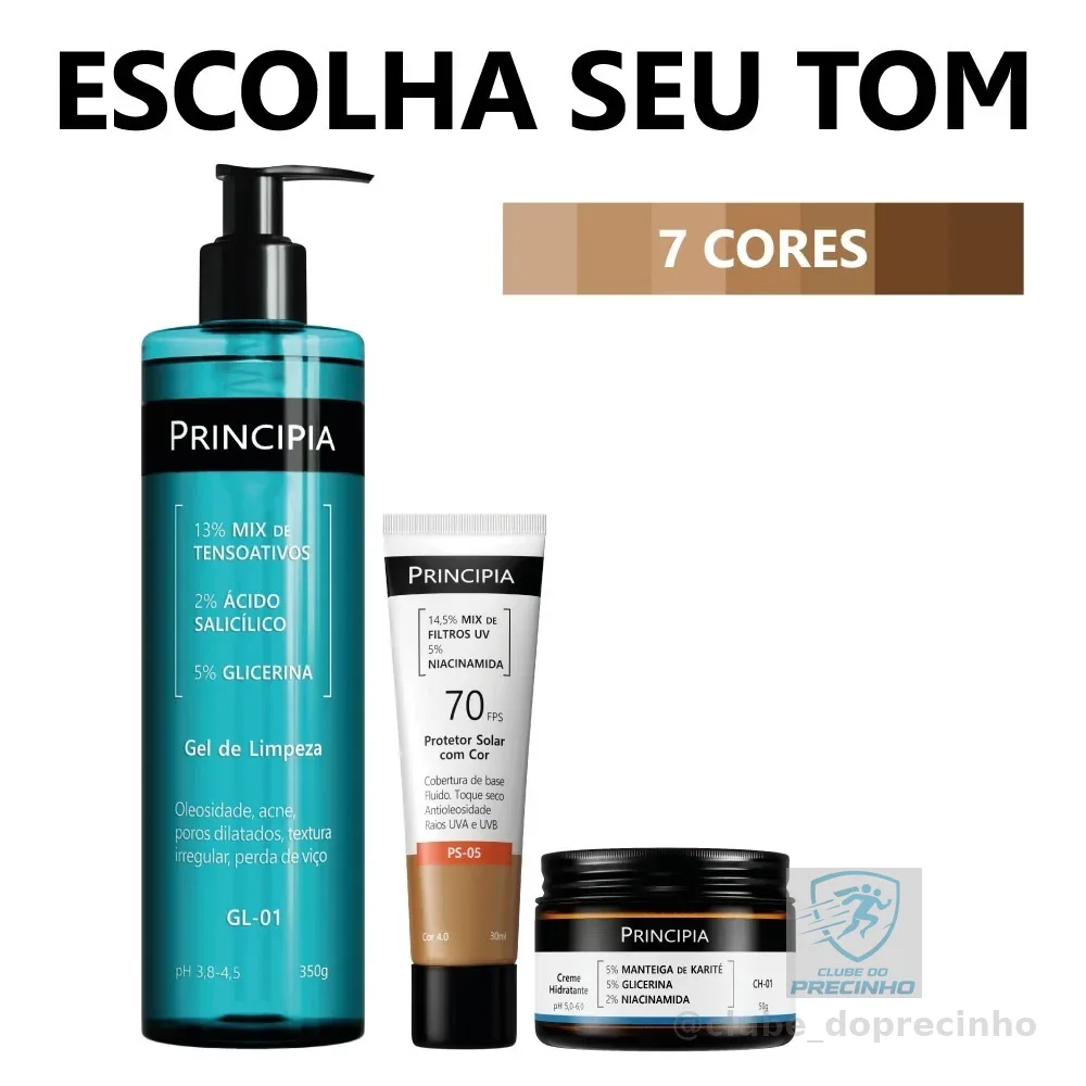Principia Kit Limpa Hidrata e Protege c/ Gel de Limpeza GL-01 + Creme Hidratante CH-01 + Protetor Cor PS-05 FPS 70